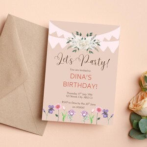 May include: A birthday invitation with the text "Let's Party!" and "Dina's Birthday!" in a decorative font. The invitation is light pink with floral and banner accents. An envelope is on the left.
