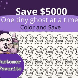 May include: A purple and white savings tracker with the text "Save $5000" and "One tiny ghost at a time!" The design features ghost illustrations and a "Customer Favorite" badge.