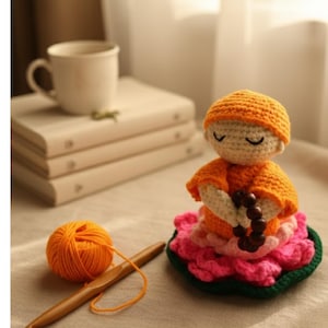 Handmade Crochet Buddha Monk on Lotus Flower Amigurumi, Zen Meditation Decor for Home Office