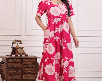 Handmade Floral Cotton Midi Dress, Bohemian Summer Tunic, Handblock Printed Women's Dress with Pocket