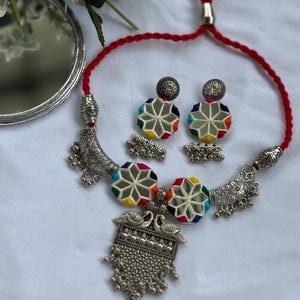 Handcrafted Mirror Work Necklace Set with Oxidized Peacock Pendant and Matching Earrings