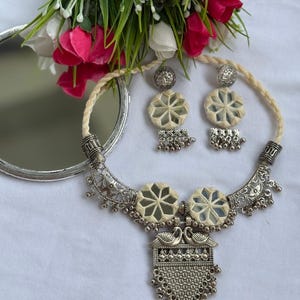 Handcrafted Mirror Work Necklace Set with Oxidized Peacock Pendant and Matching Earrings