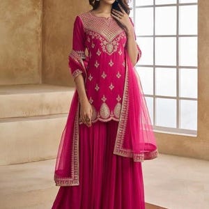 Rani Pink Georgette Sharara Set with Embroidered Short Kurti & Net Dupatta