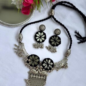 Handcrafted Mirror Work Necklace Set with Oxidized Peacock Pendant and Matching Earrings