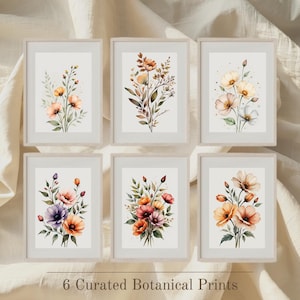 Watercolor Flower Wall Art Set of 6 | Botanical Prints | Digital Download | Minimalist Floral Artwork for Home, Office & Gallery Wall