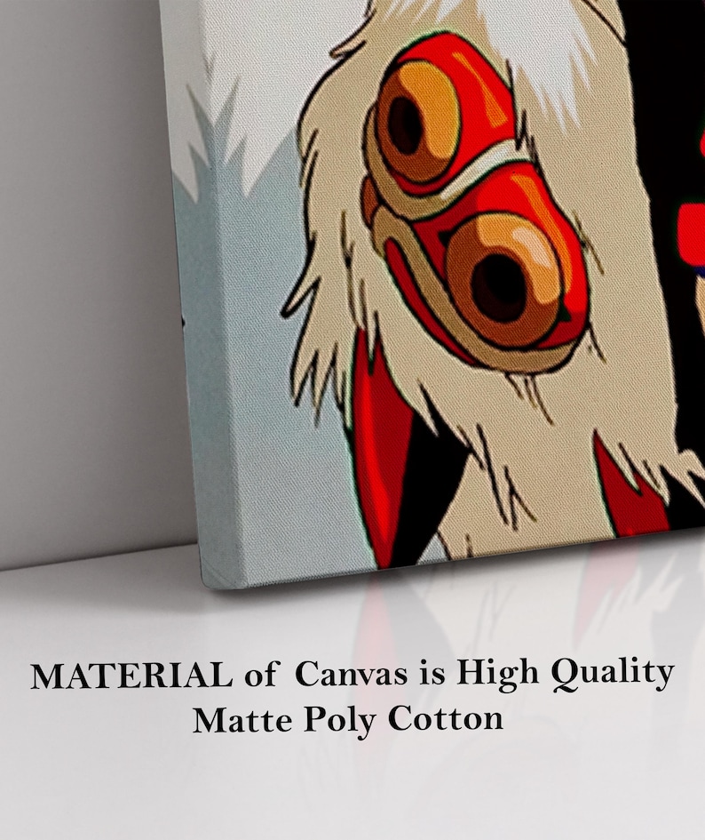 May include: Canvas art print featuring a close-up of a character's face with red, orange, and black details. The character has a white fur-like mane. The text at the bottom reads "MATERIAL of Canvas is High Quality Matte Poly Cotton."