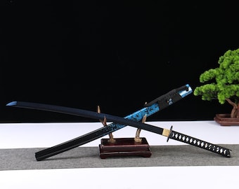Handmade Blue Tempered 1095 Steel Katana: Japanese Samurai Sword，Katana Wall Display