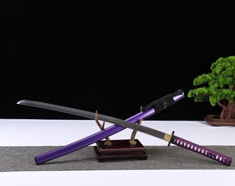 Purple Japanese Samurai Sword 40.5" Hand Forged High Carbon Steel Katana Dragon Tsuba