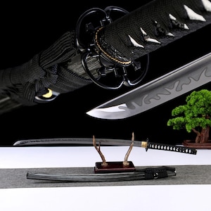 Handmade Black Katana with Wood Grain Sheath - 1065 Manganese Steel Blade, Collector's Art Object