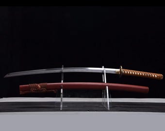 Handgefertigtes japanisches Katana aus T10-Stahl, Hamon-Linie mit Tonhärtung, Vintage-Messingbeschläge, Sammlerdesign