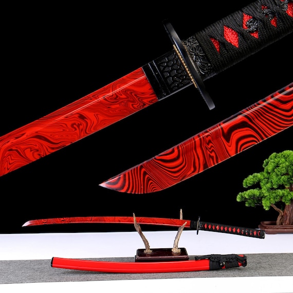 Artisan Forged Red Blade Katana: Floral Engraved Guard, Damascus Steel Display Sword