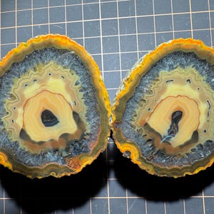 Puede incluir: Dos rodajas de ágata pulida con bandas concéntricas de color amarillo, naranja, marrón y gris translúcido. Las piedras muestran un núcleo oscuro central rodeado de texturas cristalinas y anillos exteriores vibrantes, exhibiendo formaciones minerales naturales.