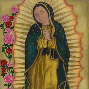 La Virgen - mexican folk art print - mexican latin art - our lady of guadalupe - blessed mother - virgin mary - rose art - fine art print