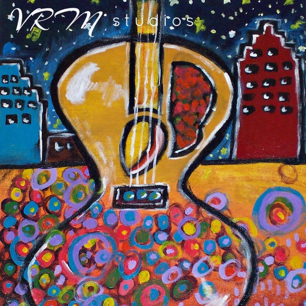 Nothing But the Music Matters - folk art print - mexican folk art- guitar painting - urban - city skyline - nightlife - fine art print