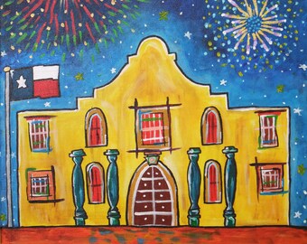 The Alamo Art Print - San Antonio Texas Folk Art Skyline - Feuerwerk - Geschichte von Texas