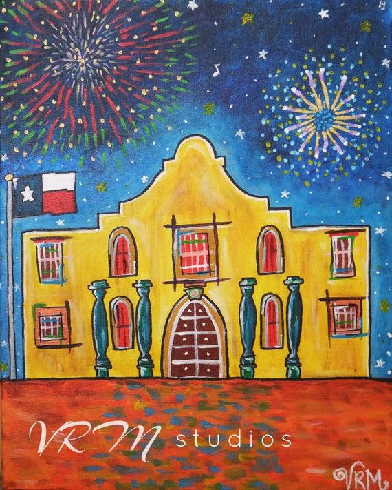 The Alamo Art Print – San Antonio Texas Folk Art Skyline - Fireworks - Texas History - Folk Art
