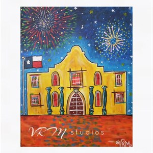 May include: A vibrant painting of the Alamo with fireworks in the night sky. The yellow building has red accents and a Texas flag. The artwork is signed "VRM studios".