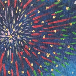 May include: An acrylic painting of a fireworks display against a dark blue night sky. Red, green, and white streaks burst from a central point, with gold accents. Stars and musical notes are scattered throughout the scene.
