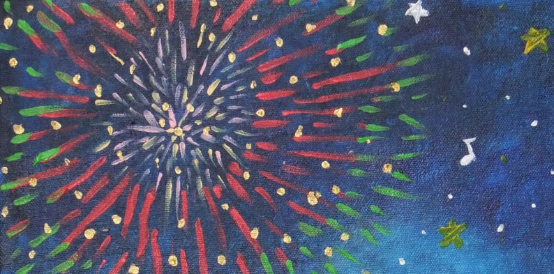 May include: An acrylic painting of a fireworks display against a dark blue night sky. Red, green, and white streaks burst from a central point, with gold accents. Stars and musical notes are scattered throughout the scene.