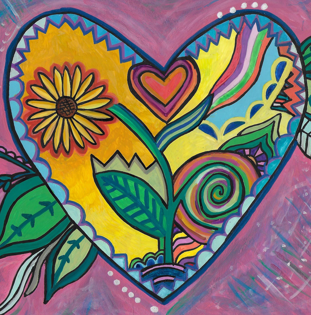 From the Heart Folk Art in  本 Folk Art Heart Print – Sunflower, Whimsical Wall Decor - Etsy