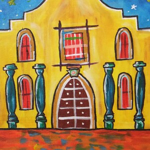 May include: A vibrant painting of a yellow building with a brown arched doorway and red-framed windows. Teal pillars stand in front of the building. The night sky is blue with fireworks and stars.