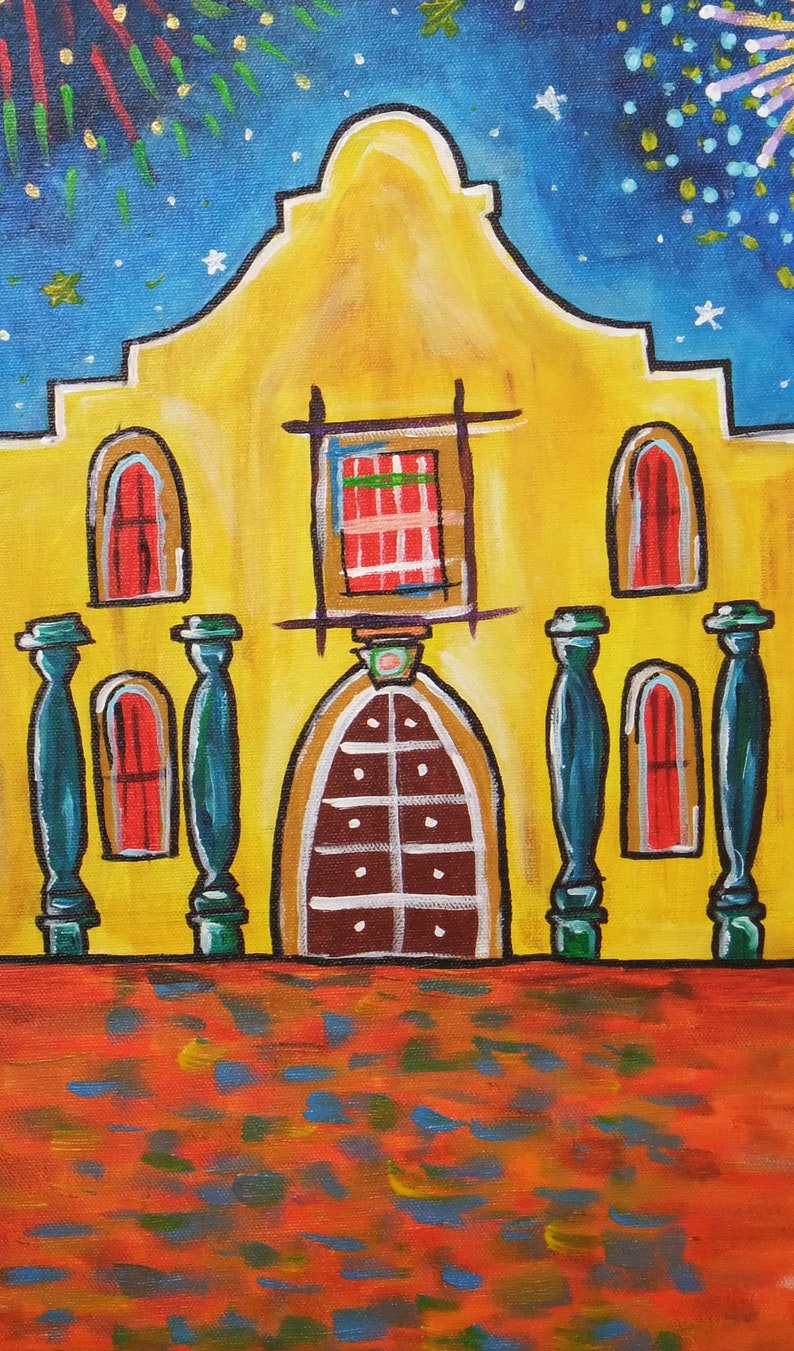 May include: A vibrant painting of a yellow building with a brown arched doorway and red-framed windows. Teal pillars stand in front of the building. The night sky is blue with fireworks and stars.