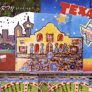 Texas Star - folk art print - san antonio - texas - urban landscape -the alamo - tower of americas - texas flag -  wall art - fine art print