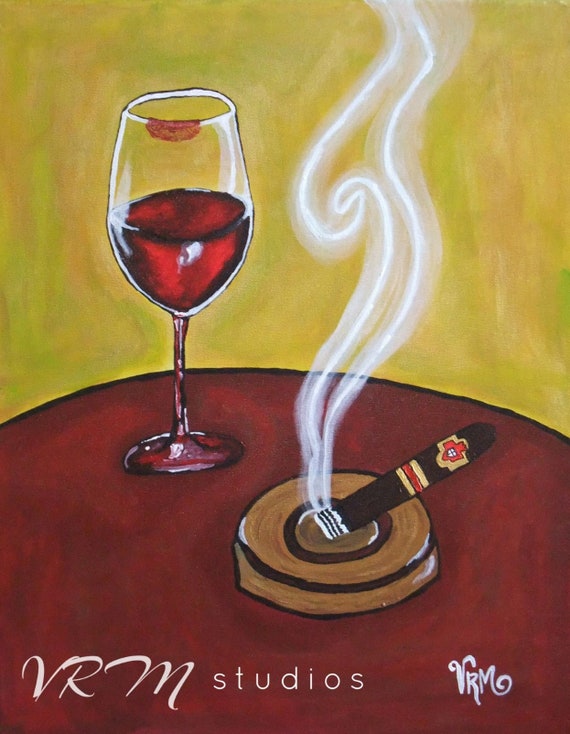 Wine and Smoke Folk Art Print Bar Wall Art Wine Art Etsy