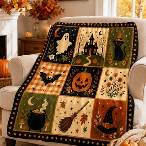 May include: A rectangular throw blanket featuring a grid of nine panels with Halloween-themed illustrations including a ghost, a haunted house, a black cat, a bat, a jack-o'-lantern, flowers, a steaming cauldron, a broom, and a witch hat.