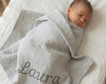 Personalized Muslin Baby Blanket - Embroidered Name, Organic Cotton Swaddle