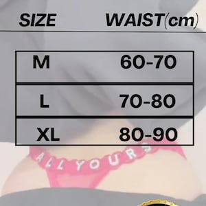 May include: A size chart for underwear with waist measurements in centimeters. Sizes include M (60-70 cm), L (70-80 cm), and XL (80-90 cm). A pink thong with the text "ALL YOURS" is visible. A gold "PREMIUM QUALITY" seal is in the bottom right.