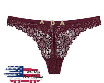 Custom Rhinestone Name Lace Thong – Handmade Personalized Lingerie
