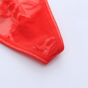 May include: Close-up of red lingerie with a delicate floral lace pattern. The fabric is a sheer mesh, and the edges are neatly finished with a fine stitch. The overall design is intricate and detailed.