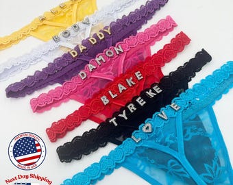 Personalized Rhinestone Thong: Hand-Sewn Custom Name Underwear