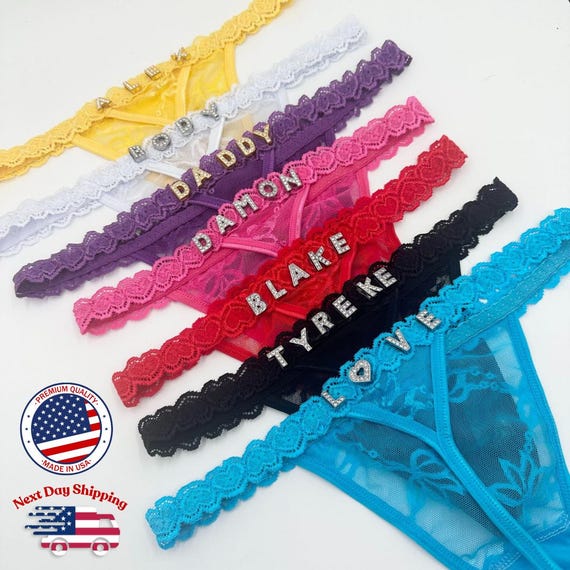 Personalized Rhinestone Thong: Hand-Sewn Custom Name Underwear