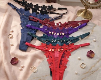 Custom Name Rhinestone Thong | Personalized Heart Lace Lingerie | Sexy Bridal Gift | Hand-Sewn Custom Underwear
