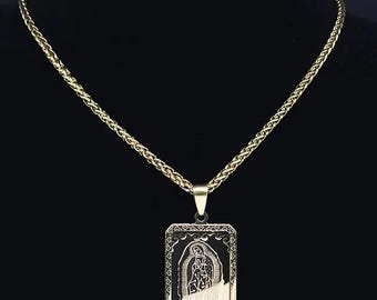 Virgin Mary & Crucifix Pendant Necklace Stainless Steel Religious Medal for Men and Women