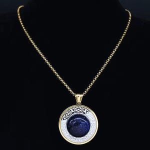 Gold Celtic Knot Natural Stone Necklace - Stainless Steel Blue Sandstone Witch Amulet