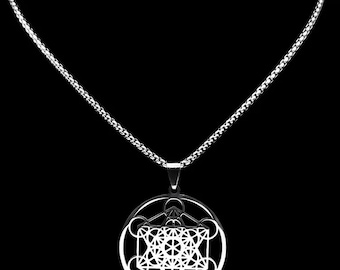 Silver Metatron's Cube Necklace - Stainless Steel Sacred Geometry Chakra Pendant for Yoga & Meditation