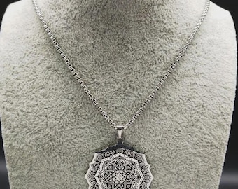 Lotus Mandala Pendant Necklace: Stainless Steel Yoga Jewelry