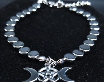Wicca Triple Moon Goddess Hematite Bracelet - Stainless Steel Witchcraft Charm Jewelry