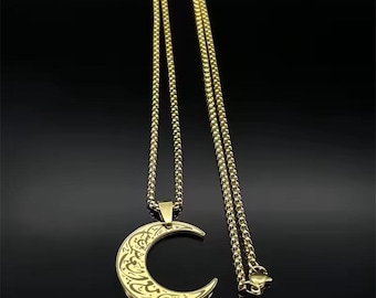 Crescent Moon Pendant Necklace - Stainless Steel Islamic Charm for Men & Women