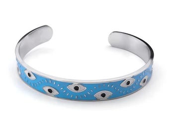 Evil Eye Enamel Cuff Bracelet – Stainless Steel Turkish Blue Eye Bangle Good Luck Jewelry