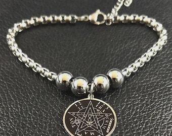 Tetragrammaton Pentagram Cuff Bracelet | Stainless Steel Beaded Bangle for Men & Women