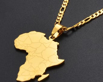 Gold African Map Pendant Necklace for Men & Women  Engraved Country Borders Stainless Steel