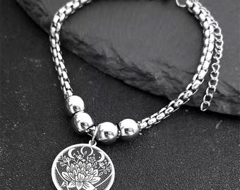 Witch Lotus Flower Triple Moon Goddess Bracelet | Stainless Steel Adjustable Bangle for Women