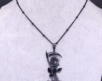 Gothic Sickle Rose Necklace – Black Stainless Steel Pendant for Men & Women, 50cm Chain