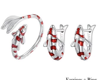 925 Sterling Silver Koi Fish Adjustable Red String Bracelet, Enamel Ring & Hoop Earrings
