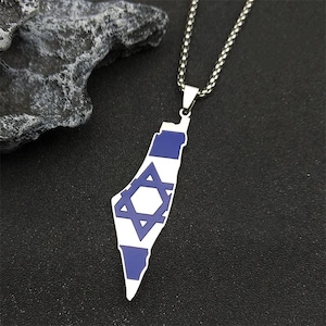 May include: A silver pendant necklace depicting the map of Israel. The pendant is white with blue detailing and a blue Star of David. The chain is made of silver-colored metal.