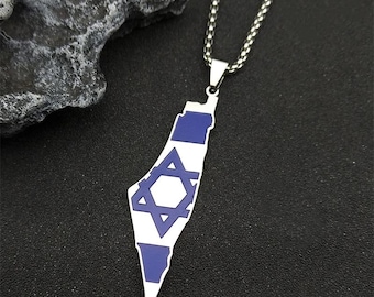 Israel Map Necklace – Silver Stainless Steel Pendant with Blue Star of David